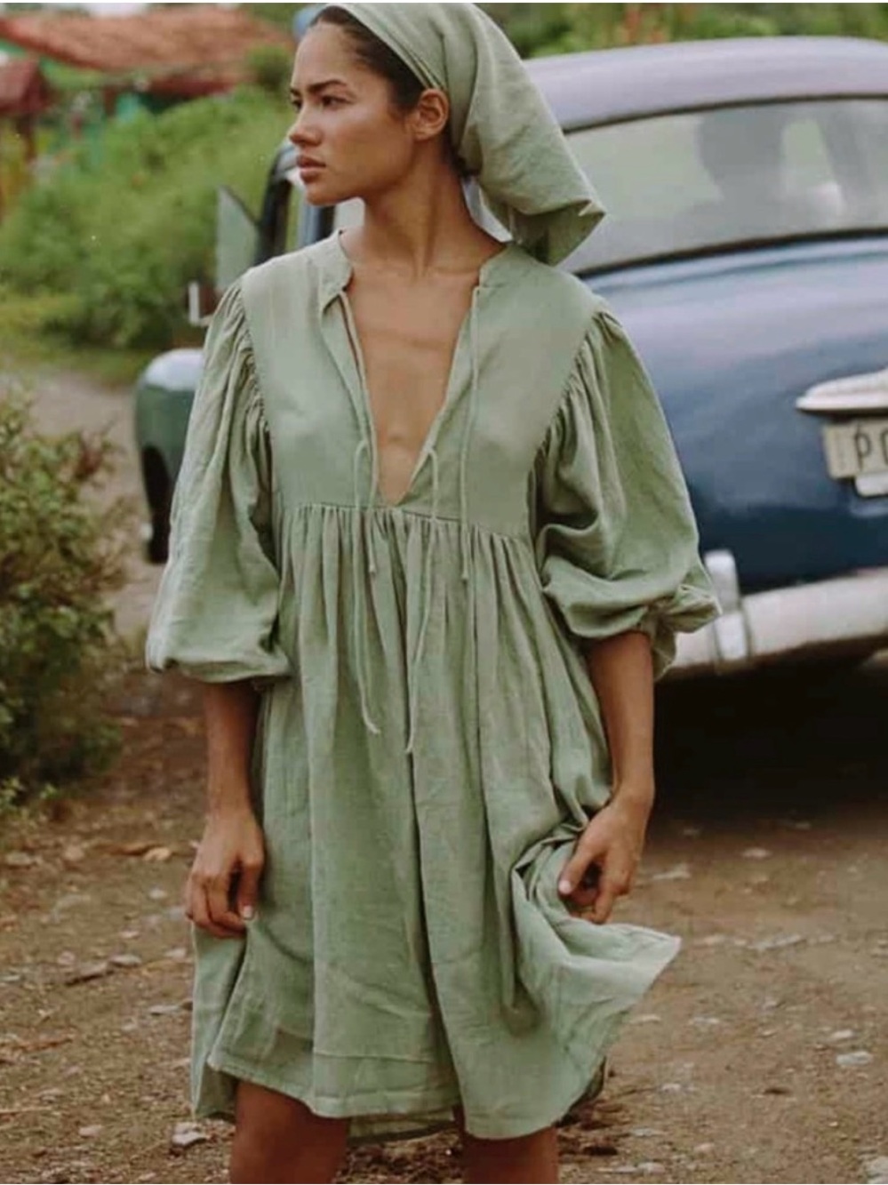 OPIA Byron Bay Green Cotton Balloon Sleeve Mini Dress